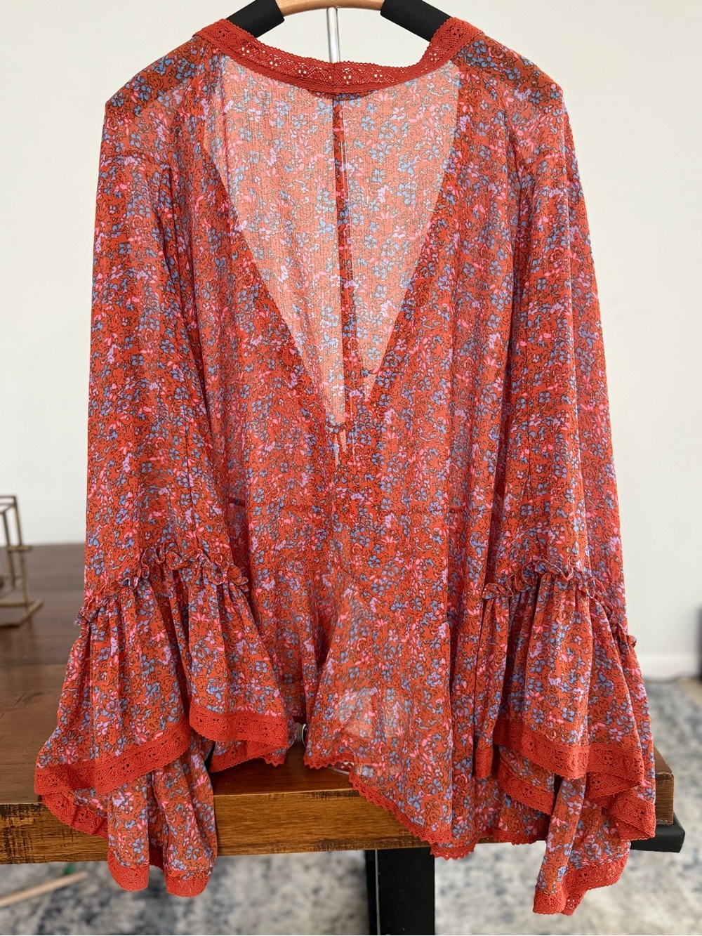 Free People Lola Kimono Floral Bell Sleeve Tassel Tie Cardigan Large - Picture 5 of 7